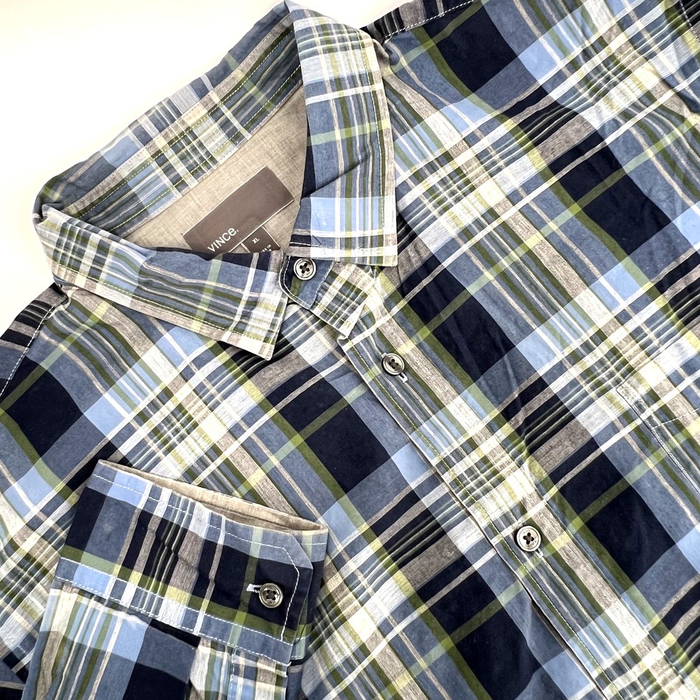 VINCE Men's Size XL Blue Plaid Long-Sleeve Button-Up Cotton Shirt with Pocket